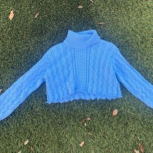 Cropped baby blue knit sweater.